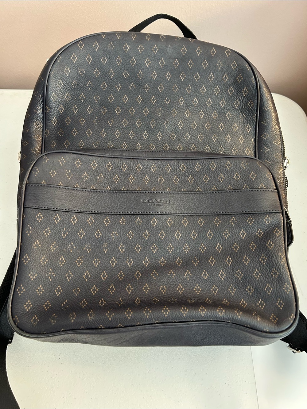 Coach Men's navy Backpack with tan/gold Logo Print